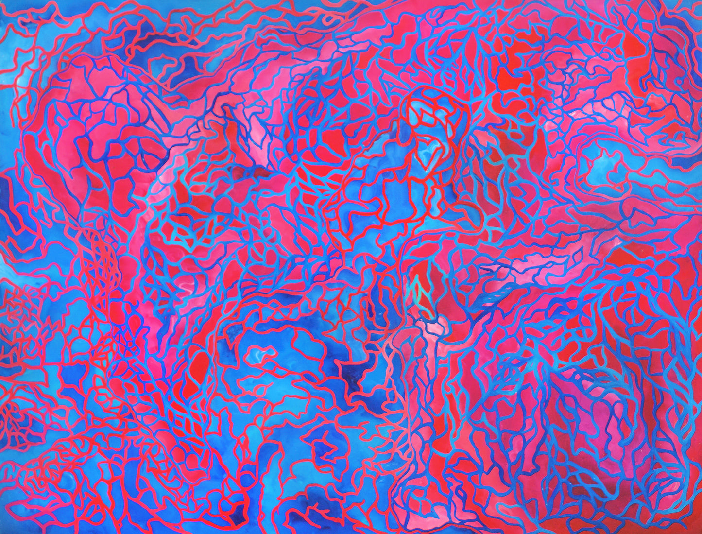 Original Artwork by Joanie Isom of Pinks and Turquoise Blues organic shapes with alternating color outlines.