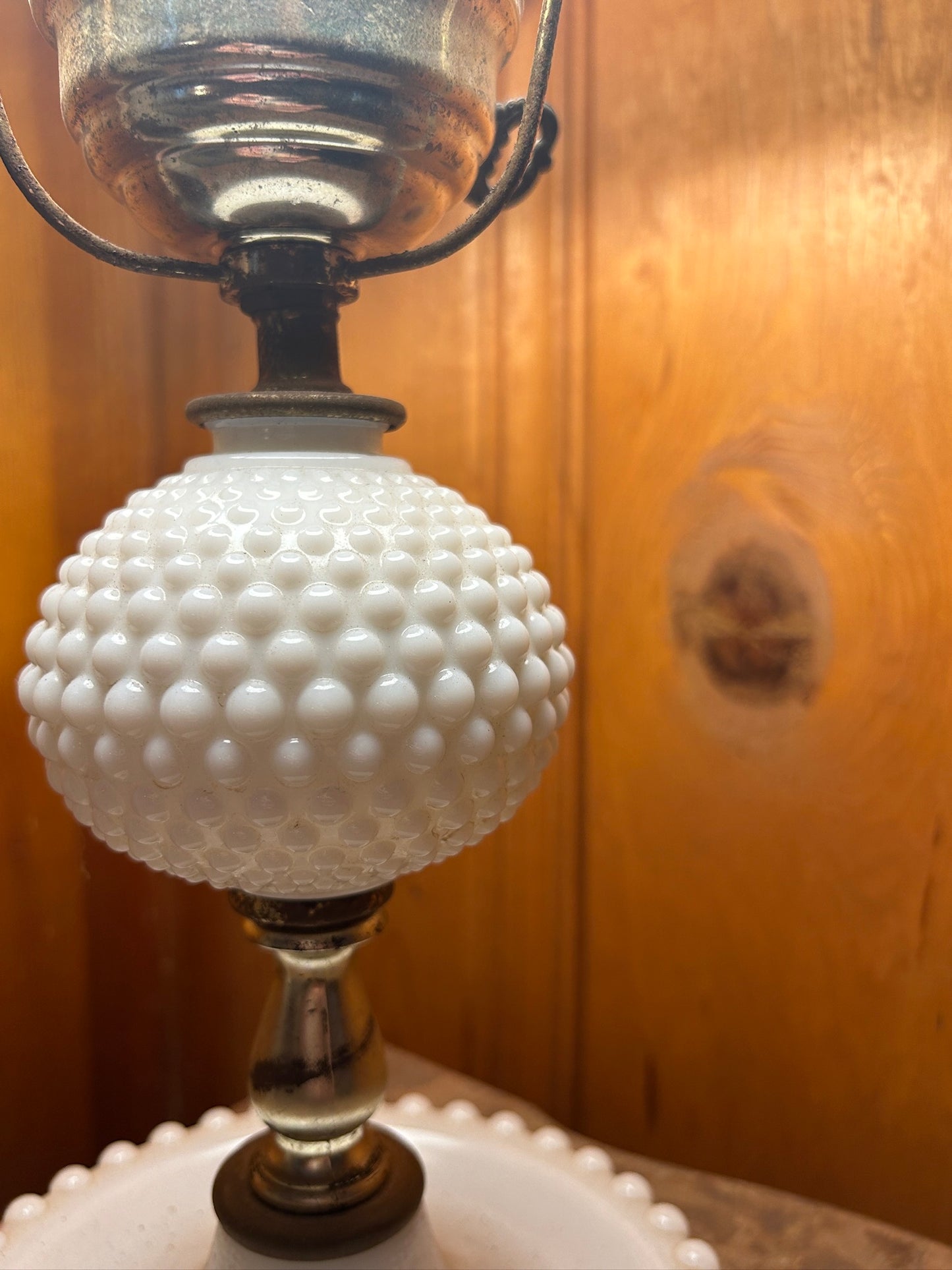 Large Hobnail Milk Glass Lamp with a Base Tray