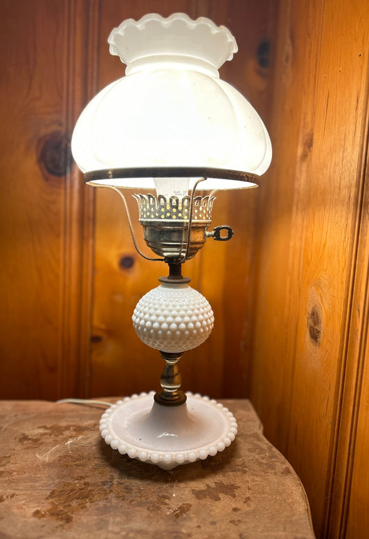 Large Hobnail Milk Glass Lamp with a Base Tray