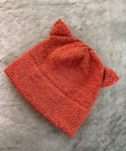 Pumpkin orange double brim knit beanie hat with removable knit cat ears