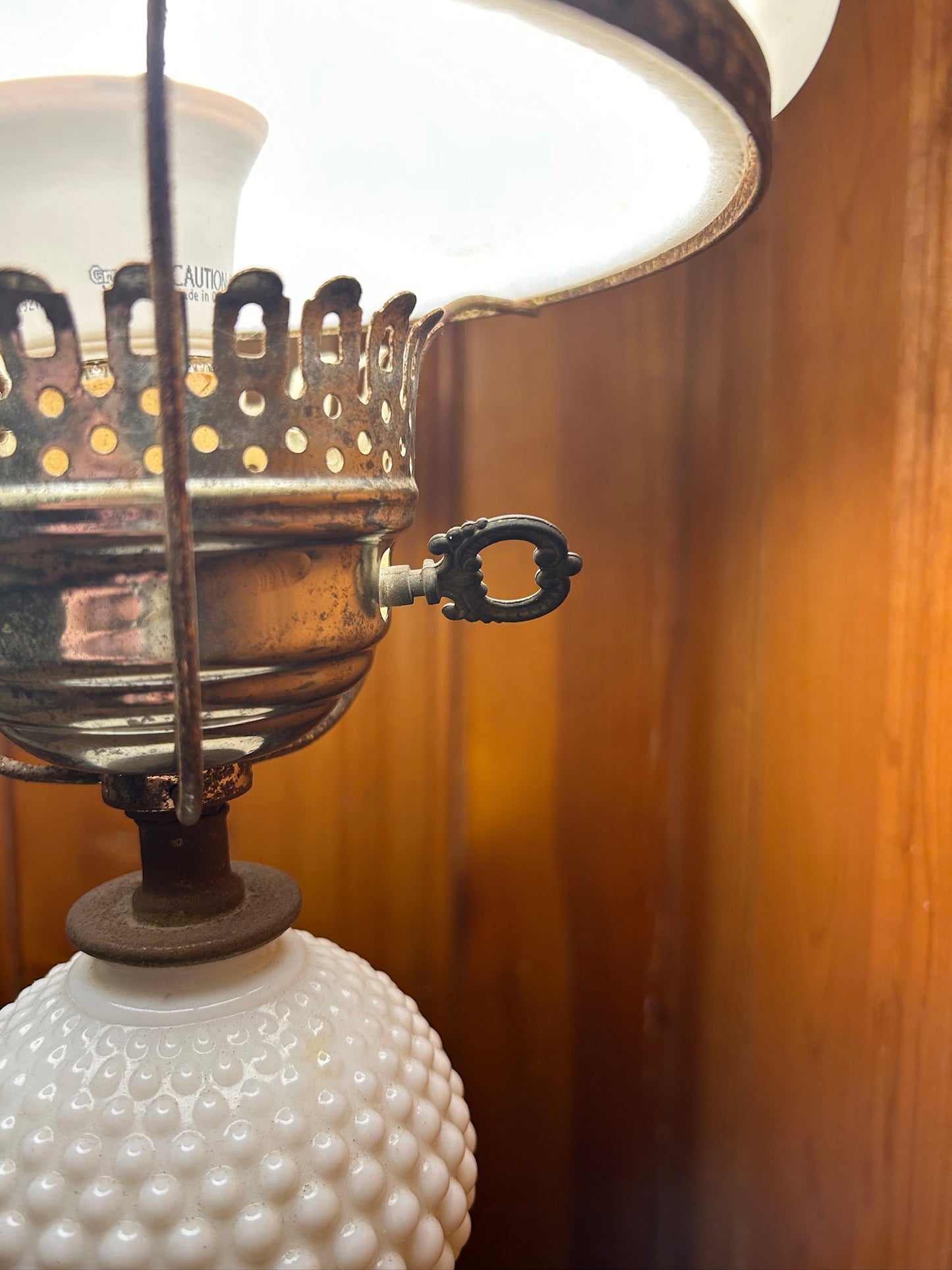 Large Hobnail Milk Glass Lamp with a Base Tray