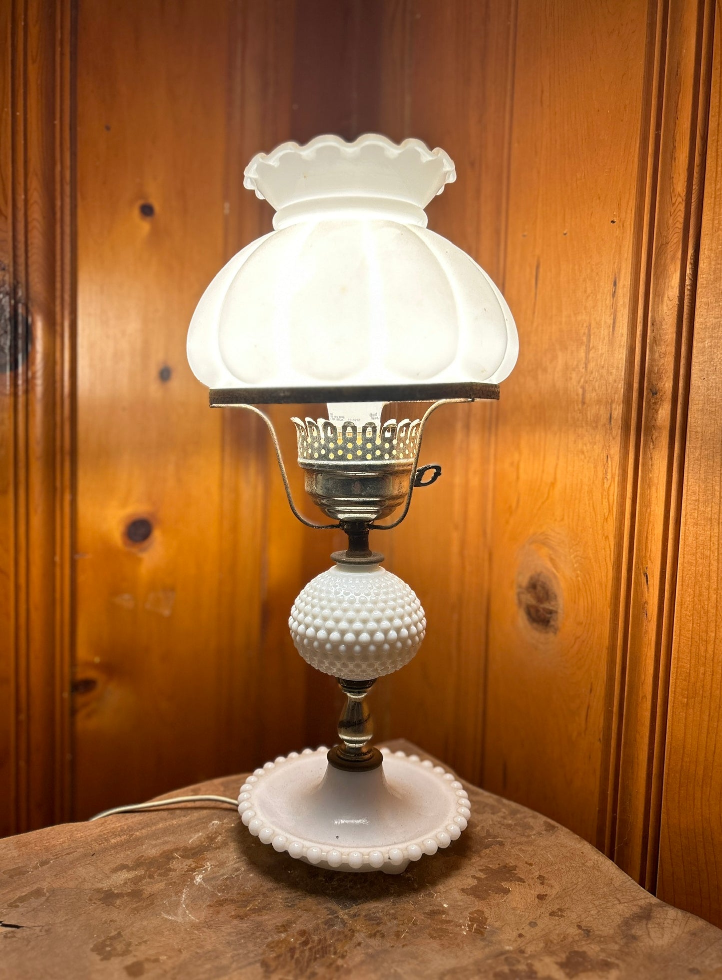 Large Hobnail Milk Glass Lamp with a Base Tray