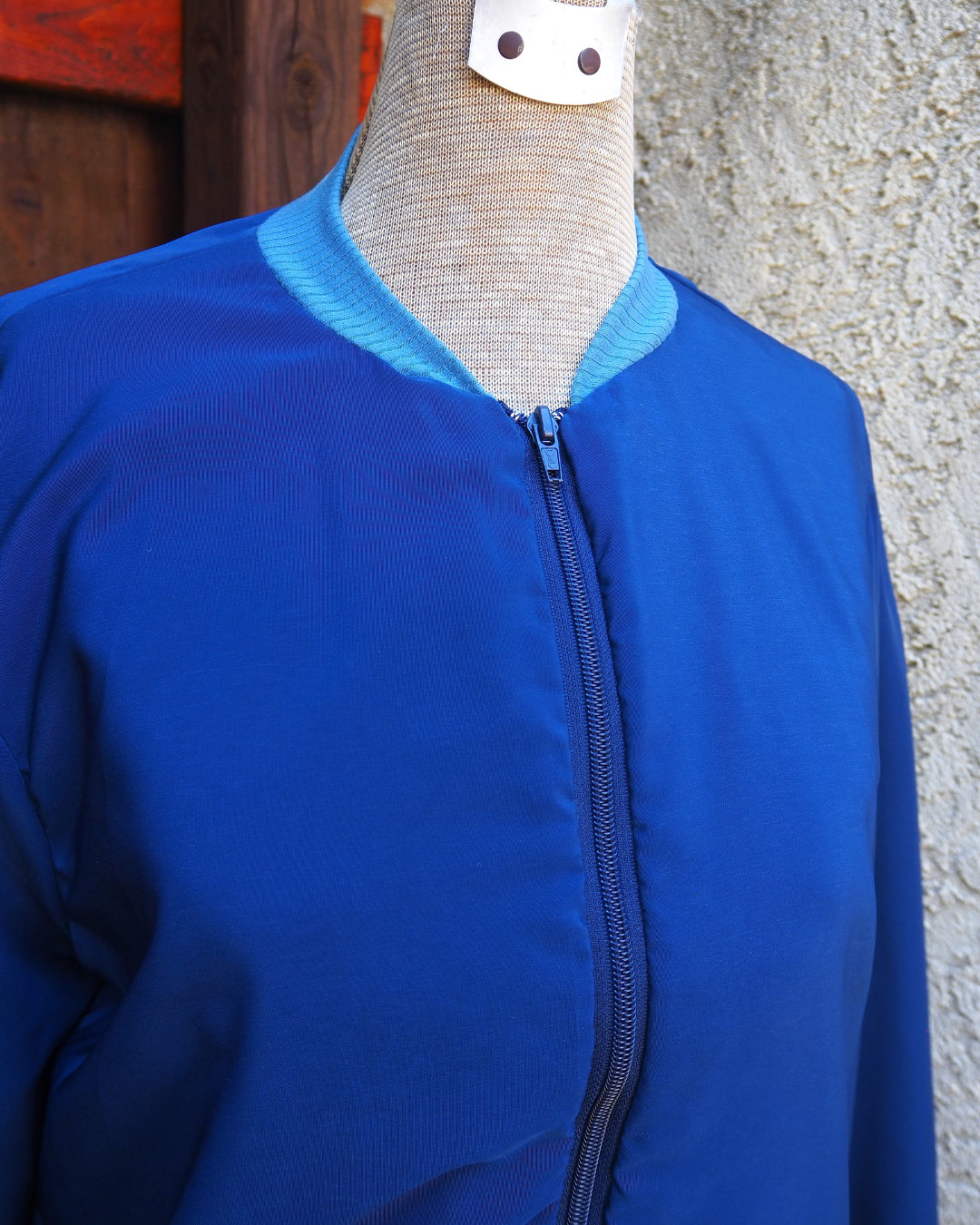 Blue Bomber Jacket with Striped Lining Handmade