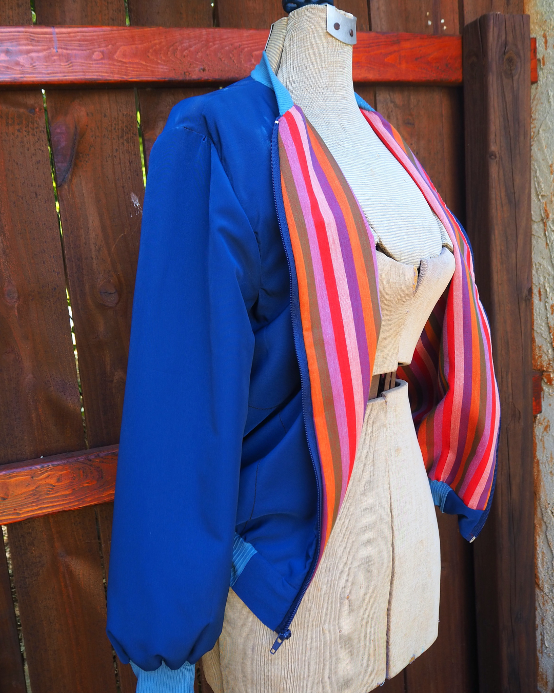 Blue Bomber Jacket with Striped Lining Handmade