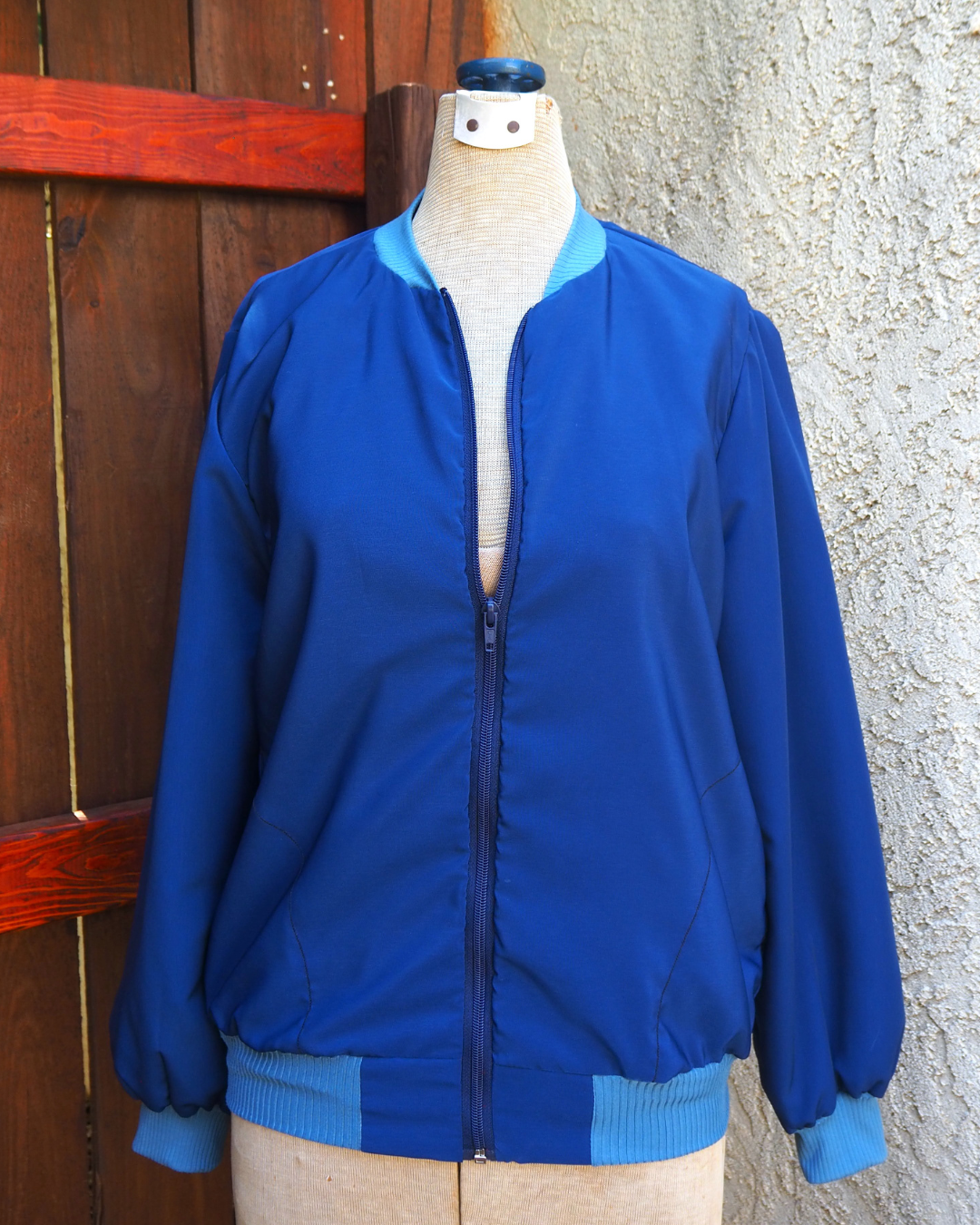 Blue Bomber Jacket with Striped Lining Handmade