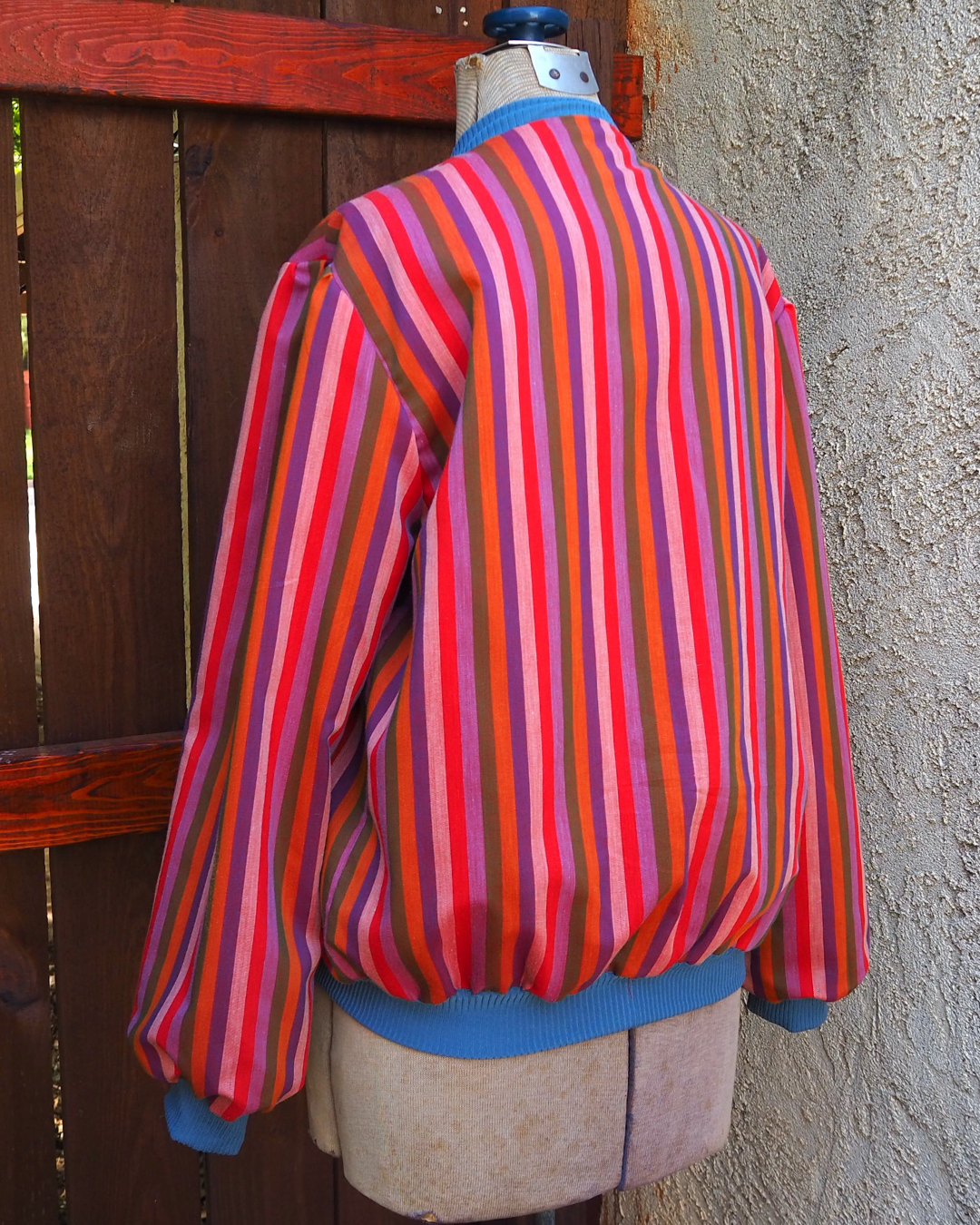 Blue Bomber Jacket with Striped Lining Handmade