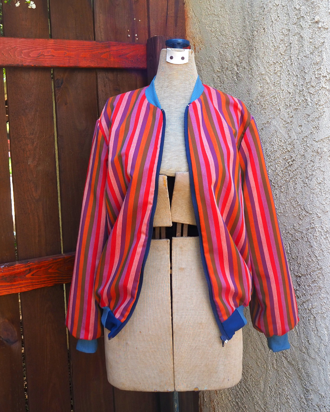 Blue Bomber Jacket with Striped Lining Handmade