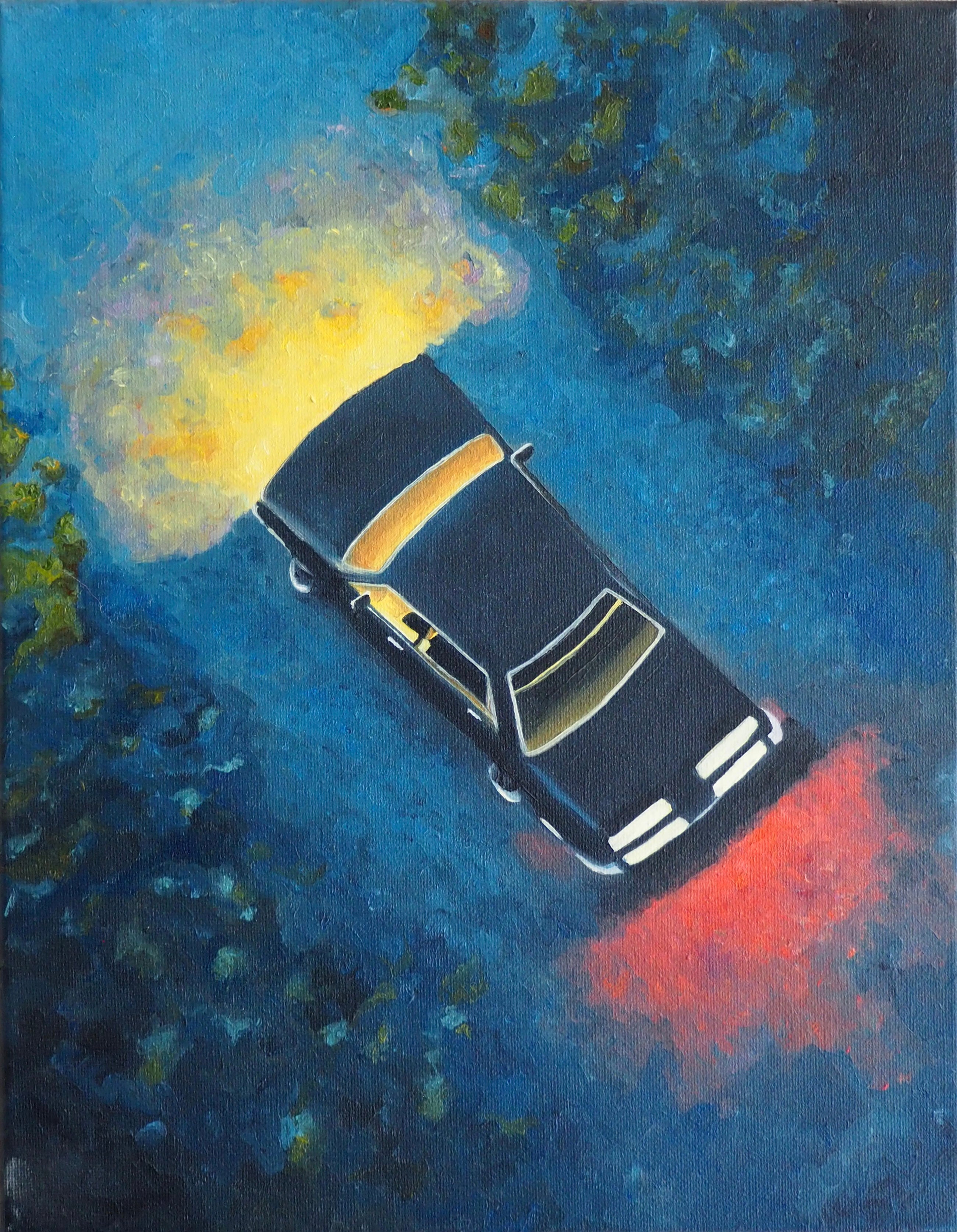 Car with Headlights Oil on Canvas Original