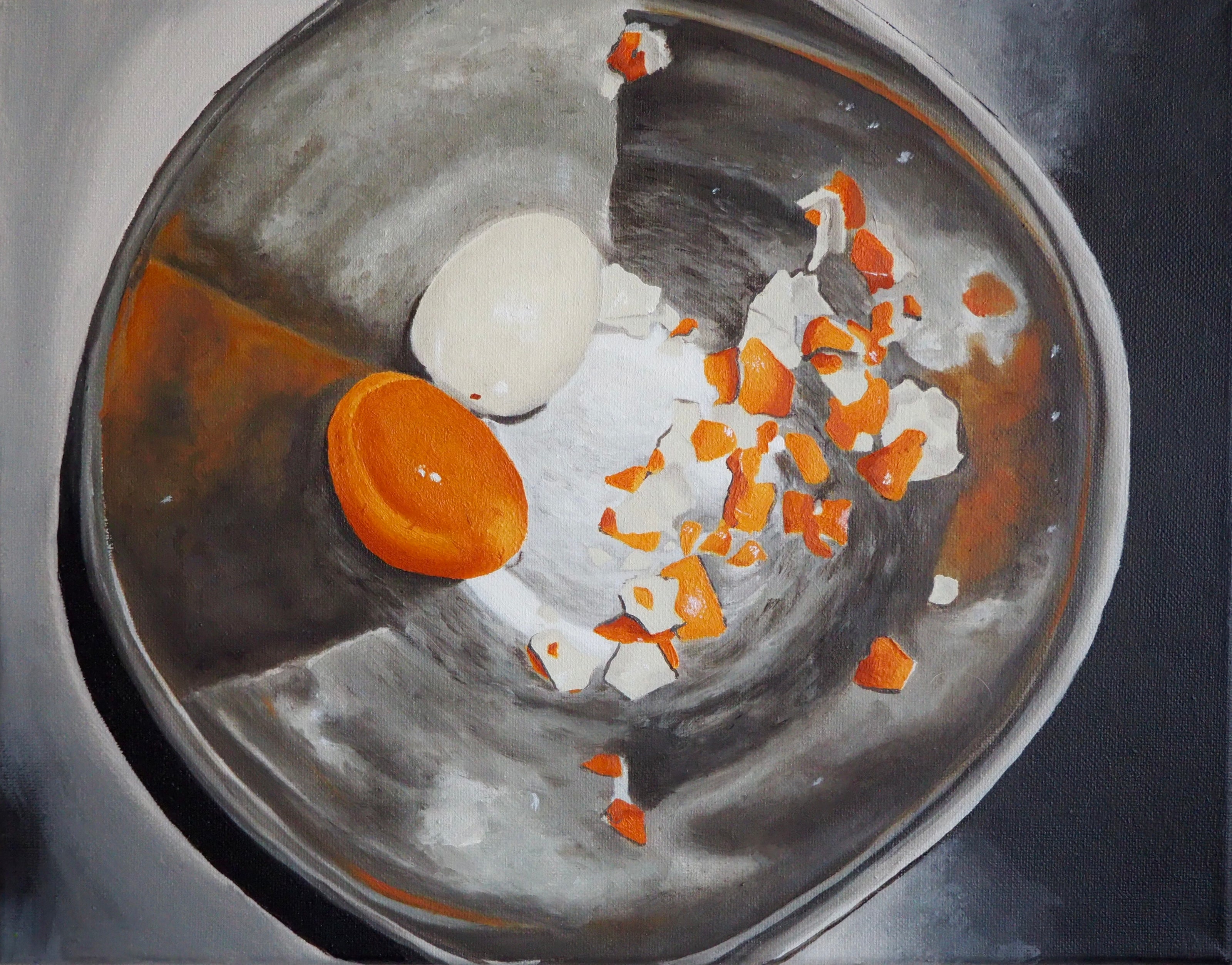 Painting of two eggs in a silver bowl, with one egg is without its shell. The egg shells are scattered to the right.