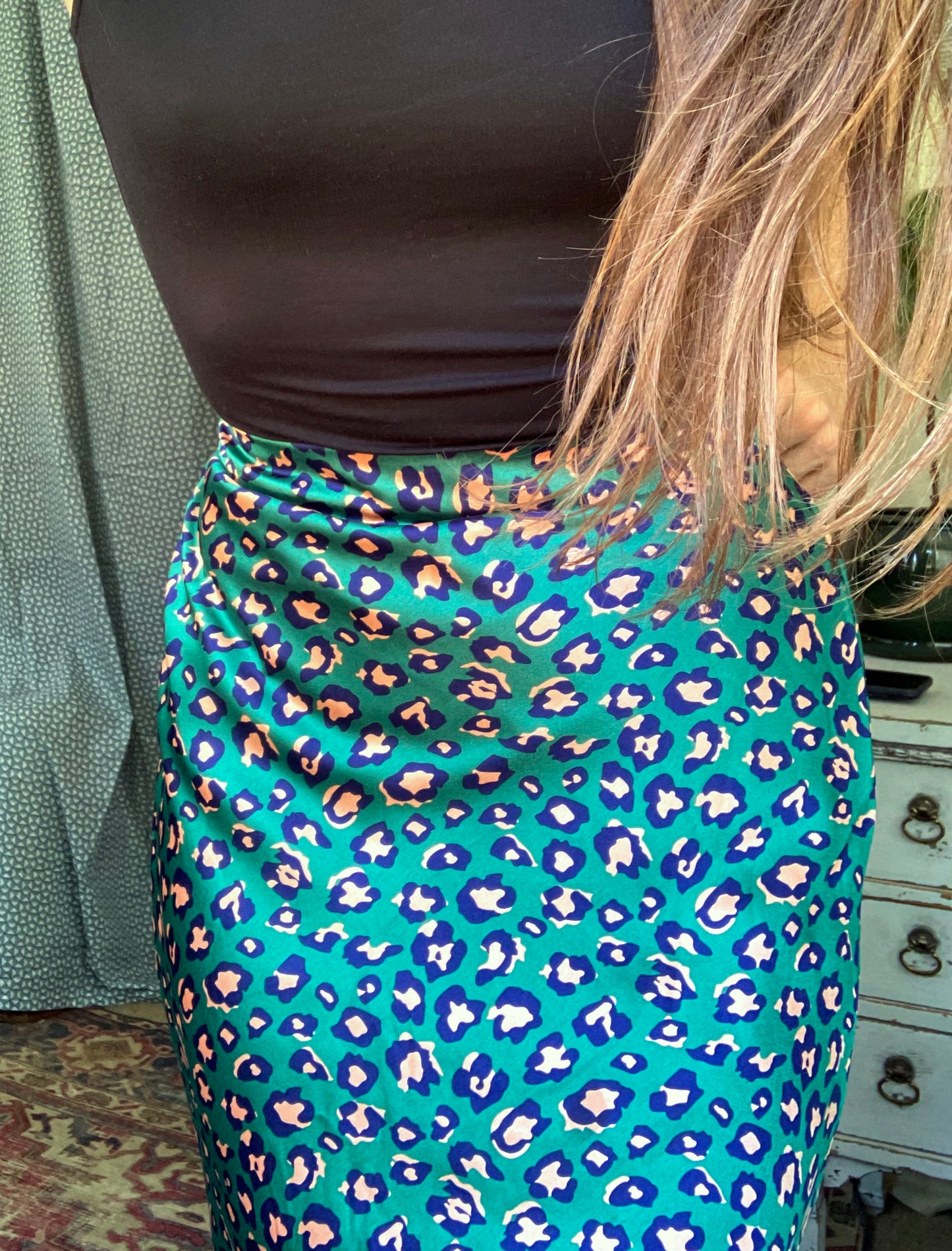 Teal Leopard Print Midi Skirt