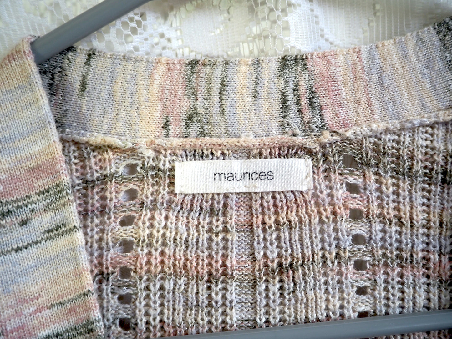 Muted garden tones in light striping on cardigan. Tag showing Maurices.Lightweight Neutral Knit Cardigan