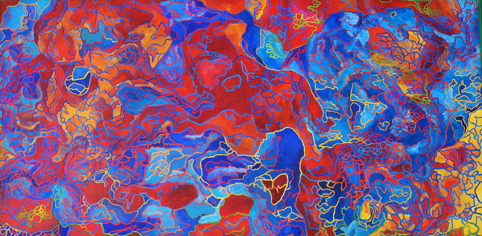 Original Artwork by Joanie Reecer of Red and Blue organic shapes with alternating color outlines.